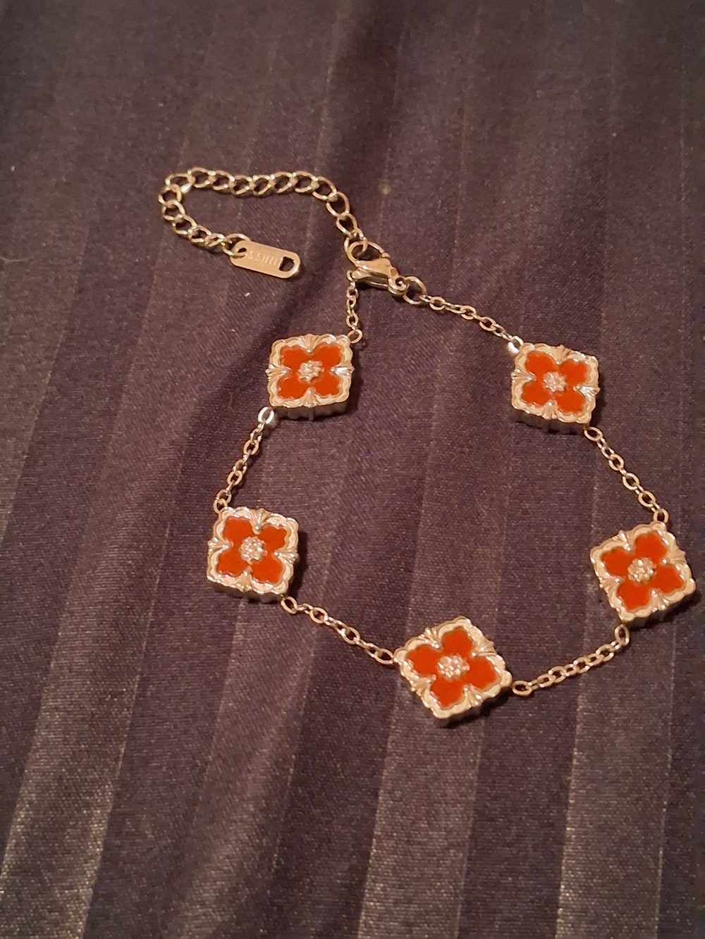 Gold-Tone Bracelet with Orange Enamel Flower Charms - Women Jewelry